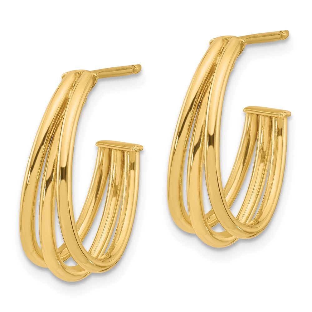 14K Yellow Gold Polished 3 Row J Hoop Post Earrings