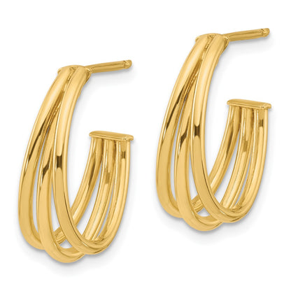 14K Yellow Gold Polished 3 Row J Hoop Post Earrings