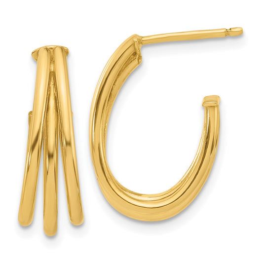 14K Yellow Gold Polished 3 Row J Hoop Post Earrings