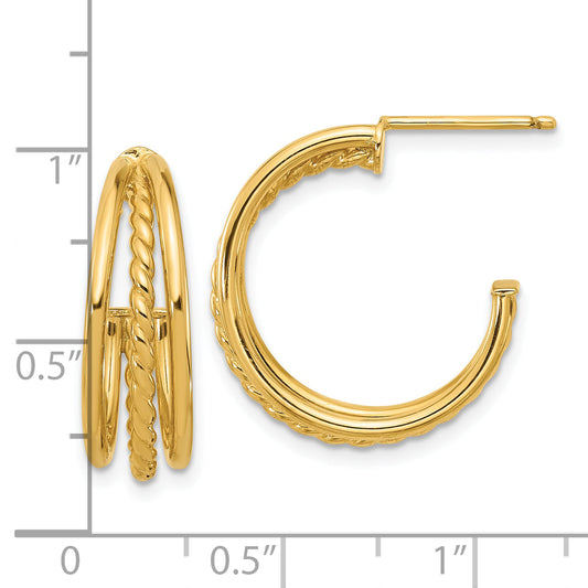 14K Yellow Gold Polished And Textured 3 Row Round J Hoop Post Earrings