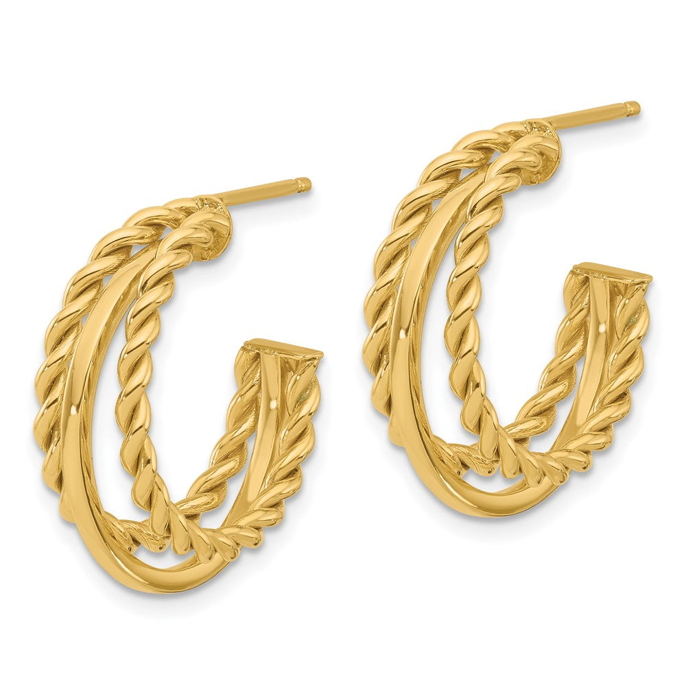 14K Yellow Gold Polished And Textured 3 Row Round J Hoop Post Earrings