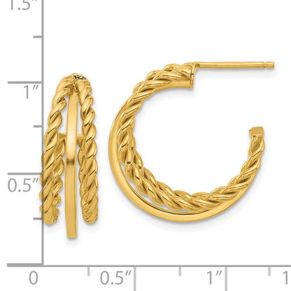 14K Yellow Gold Polished And Textured 3 Row Round J Hoop Post Earrings