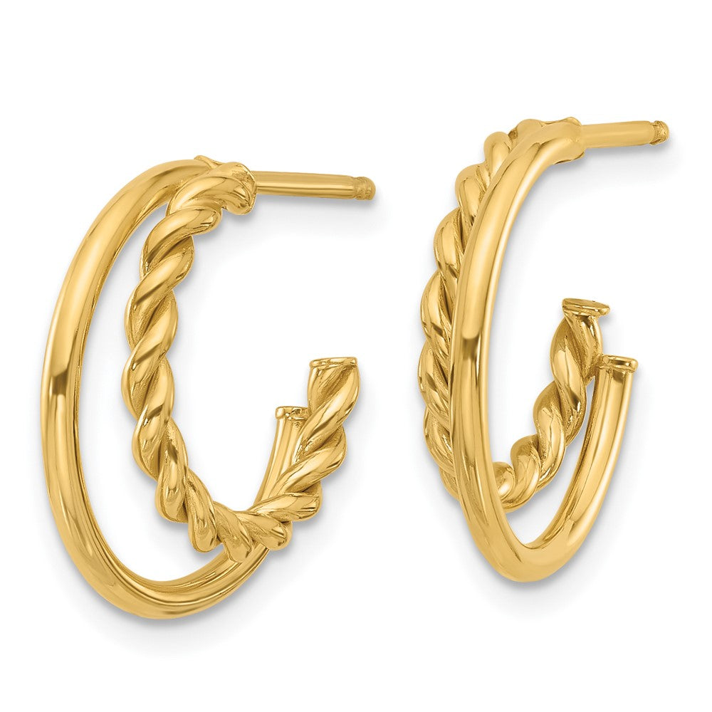 14K Yellow Gold Polished And Textured 2 Row J Hoop Post Earrings