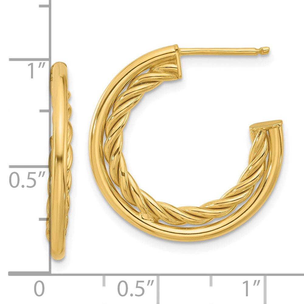 14K Yellow Gold Polished And Textured J Hoop Post Earrings