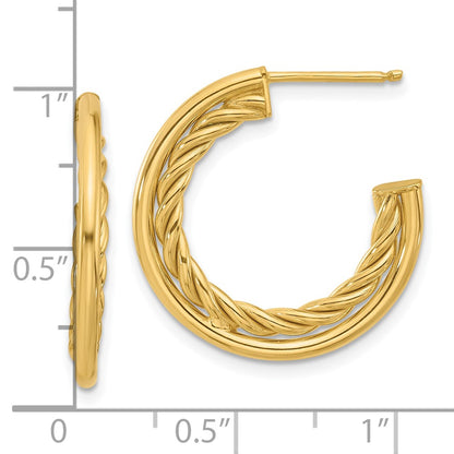 14K Yellow Gold Polished And Textured J Hoop Post Earrings