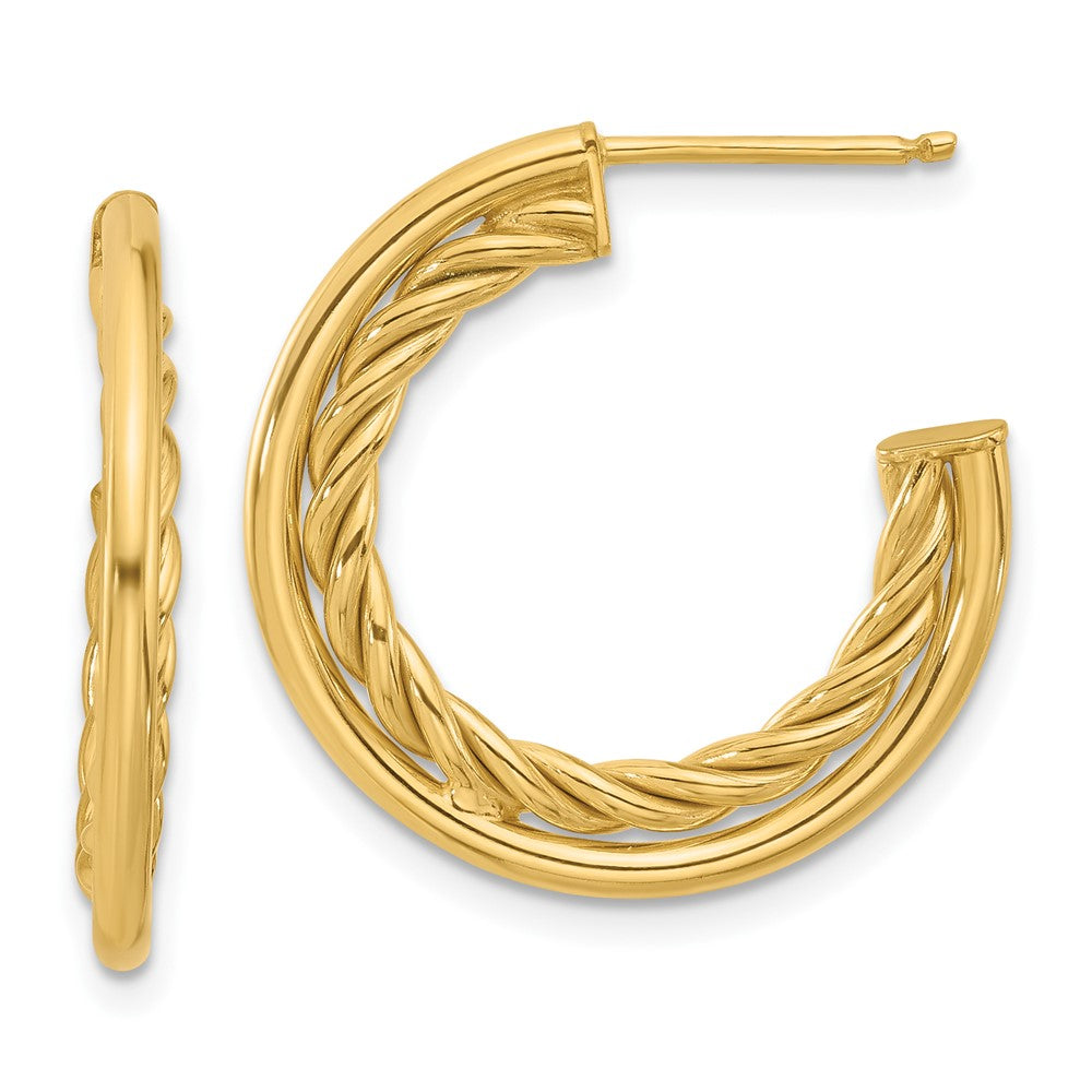 14K Yellow Gold Polished And Textured J Hoop Post Earrings