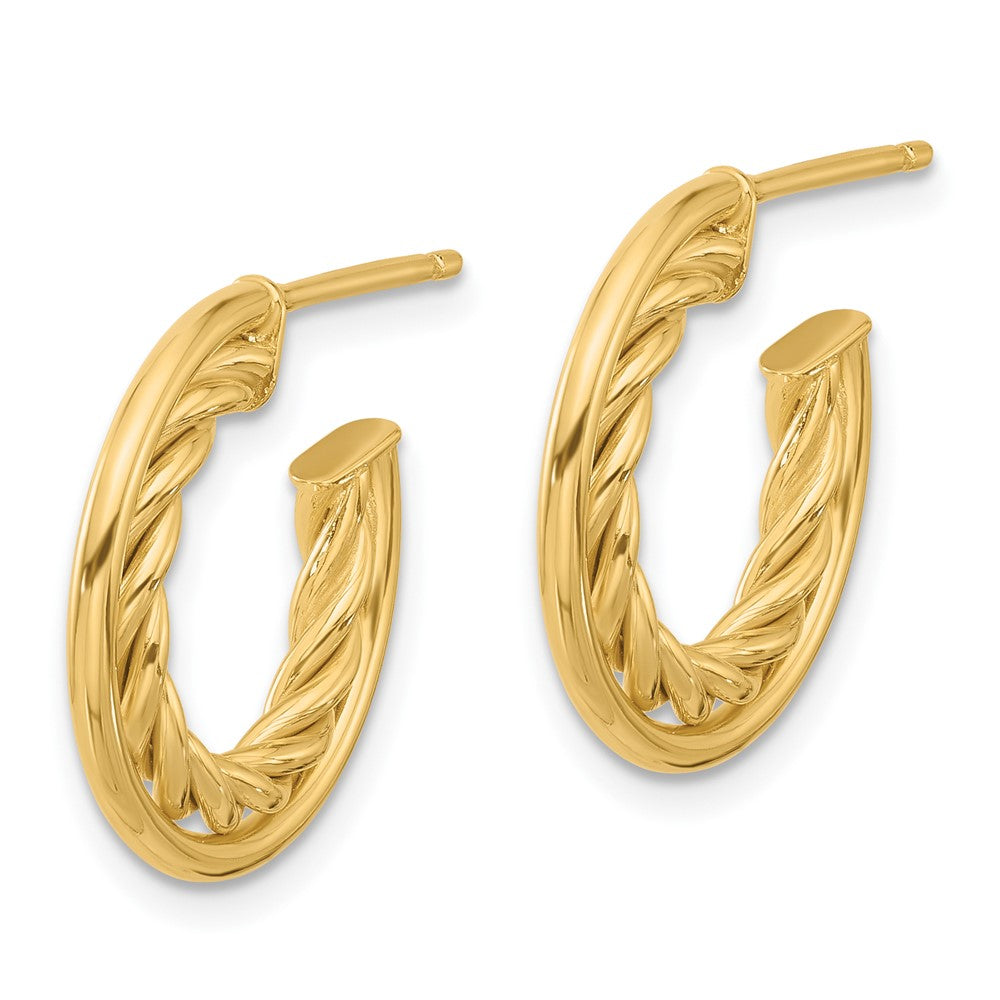 14K Yellow Gold Polished And Textured J Hoop Post Earrings