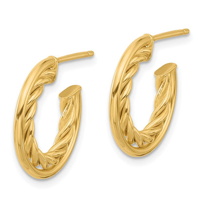 14K Yellow Gold Polished And Textured J Hoop Post Earrings