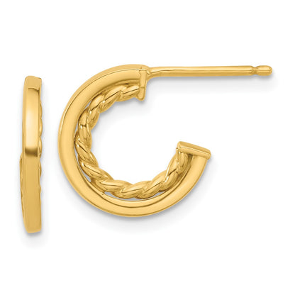 14K Yellow Gold Polished And Textured J Hoop Post Earrings