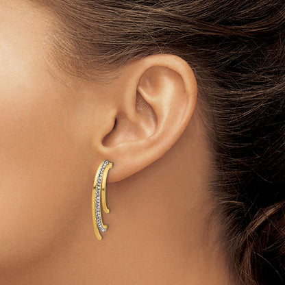 14K Yellow Gold Polished With Crystals 3 Row Drop Post Earrings