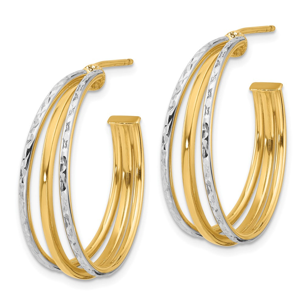 14K Yellow & Rhodium White And D/C 3 Row Round J Hoop Post Earrings