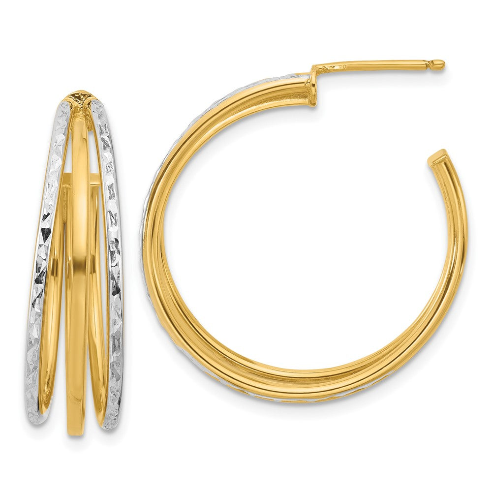 14K Yellow & Rhodium White And D/C 3 Row Round J Hoop Post Earrings