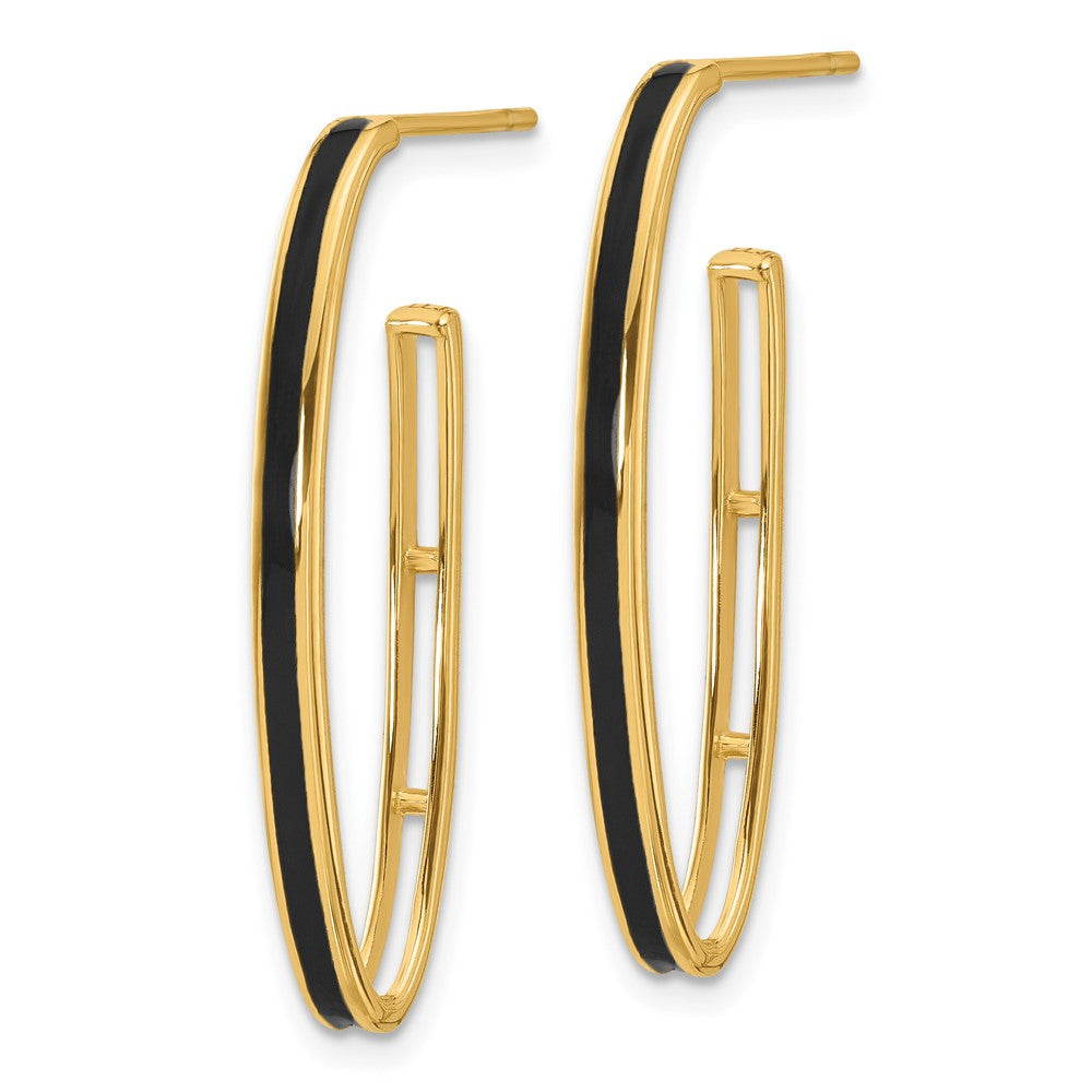 14K Yellow Gold Polished With Black Enamel Oval J Hoop Post Earrings