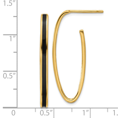 14K Yellow Gold Polished With Black Enamel Oval J Hoop Post Earrings