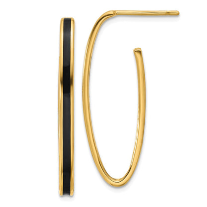 14K Yellow Gold Polished With Black Enamel Oval J Hoop Post Earrings