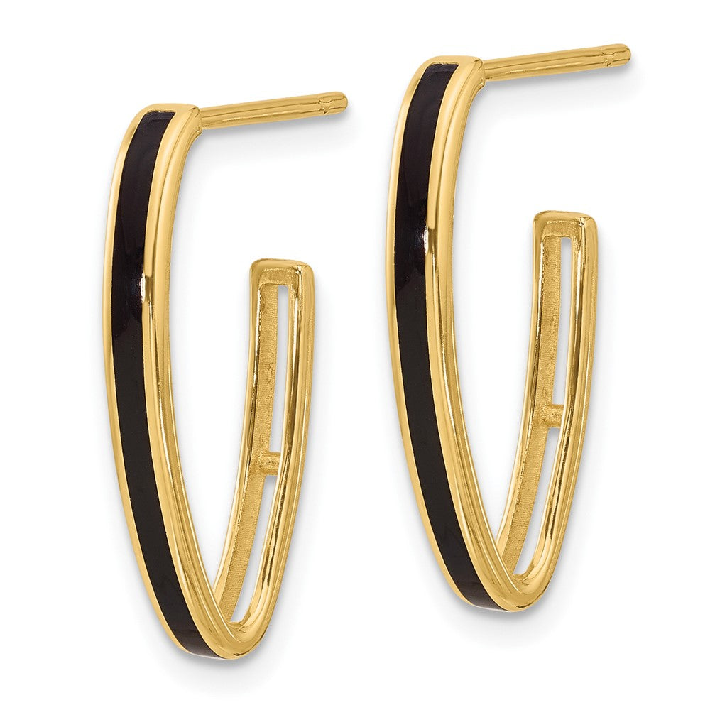 14K Yellow Gold Polished With Black Enamel Oval J Hoop Post Earrings