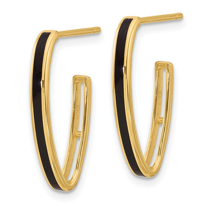 14K Yellow Gold Polished With Black Enamel Oval J Hoop Post Earrings