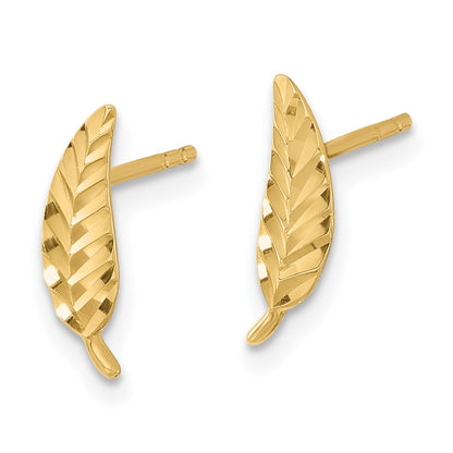 14K Yellow Gold Polished And Diamond Cut Leaf Post Earrings