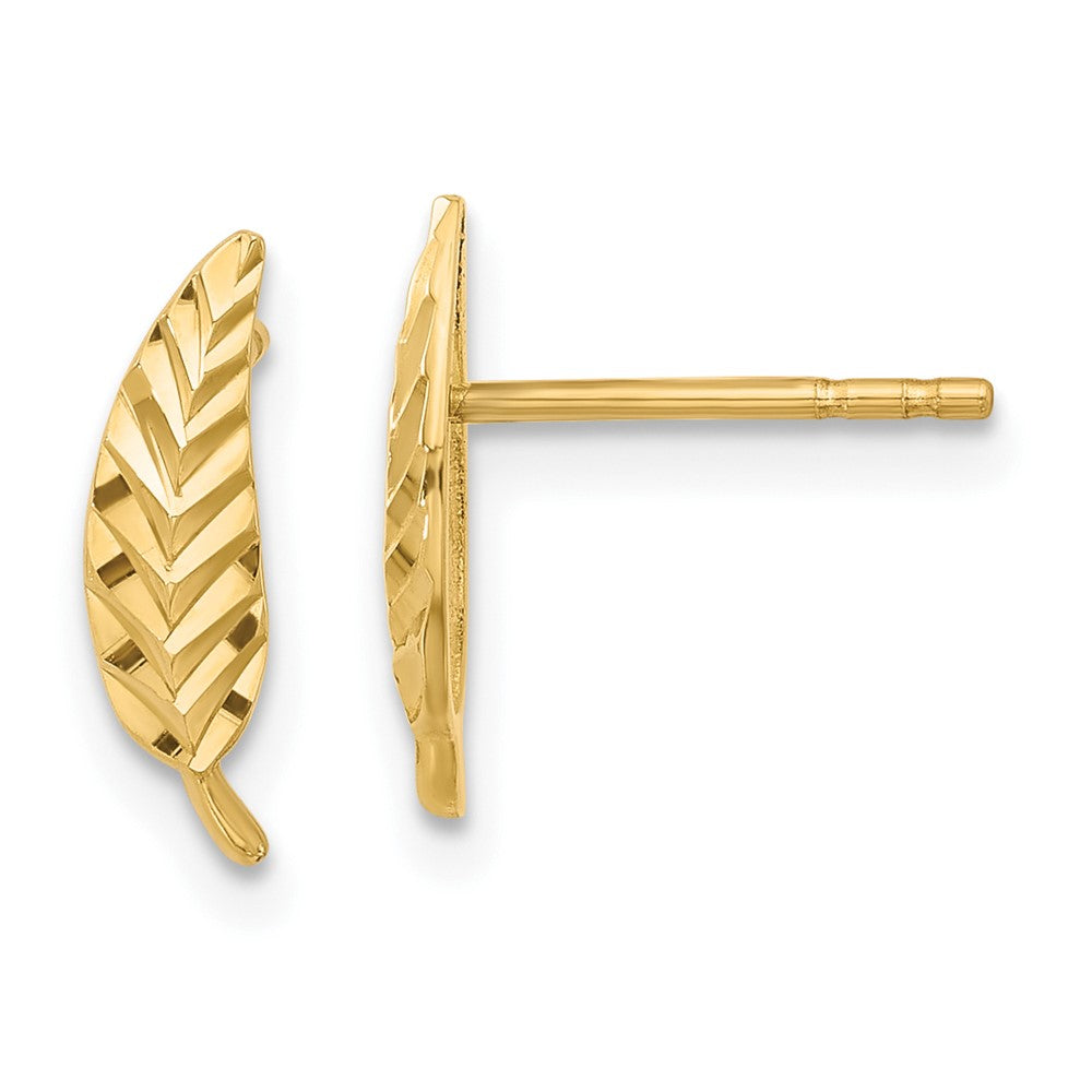 14K Yellow Gold Polished And Diamond Cut Leaf Post Earrings