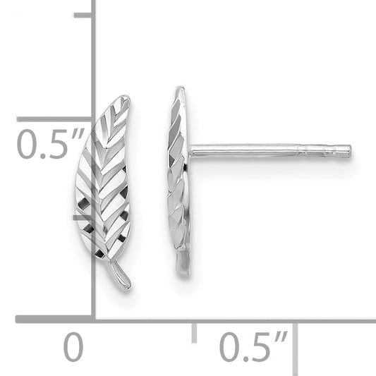 14K White Gold Polished And Diamond Cut Leaf Post Earrings