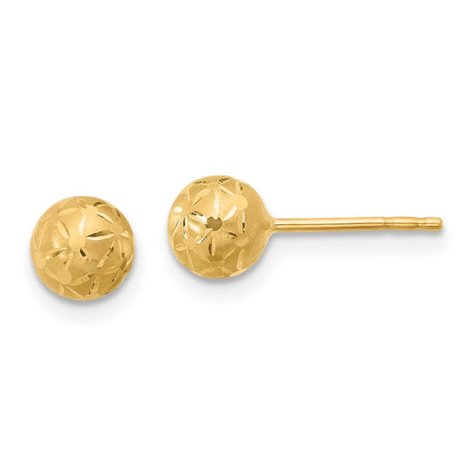 14K Yellow Gold Polished/Satin And Diamond Cut Ball Post Earrings