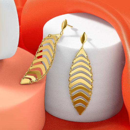 14K Yellow Gold Polished D/C Post Dangle Leaf Earrings