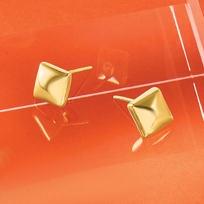 14K Yellow Gold Polished Hollow Puffed Square Post Earrings