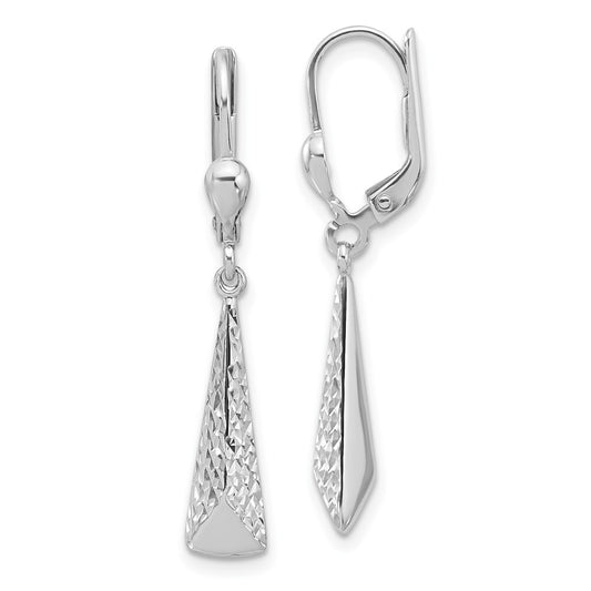 14K White Gold Polished/Diamond Cut Dangle Leverback Earrings