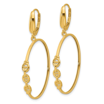 14K Yellow Gold Polished Link Design Leverback Hoop Earrings