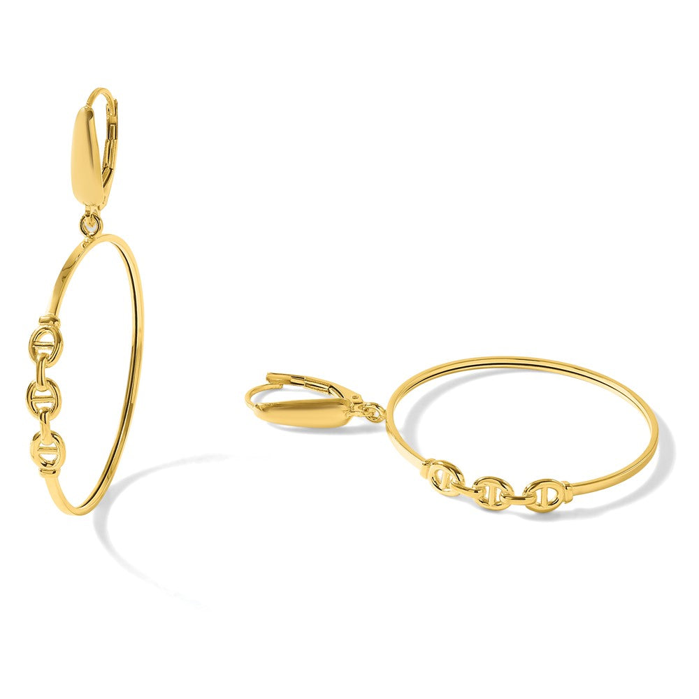 14K Yellow Gold Polished Link Design Leverback Hoop Earrings