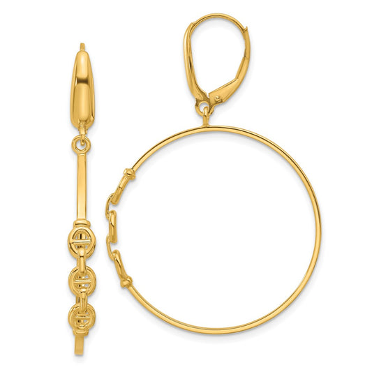 14K Yellow Gold Polished Link Design Leverback Hoop Earrings