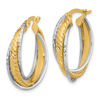 14K Two Tone Polished And Diamond Cut Hoop Earrings