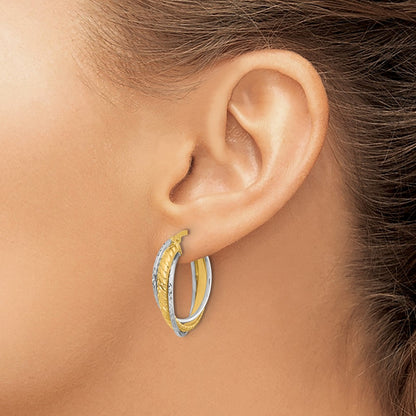 14K Two Tone Polished And Diamond Cut Hoop Earrings
