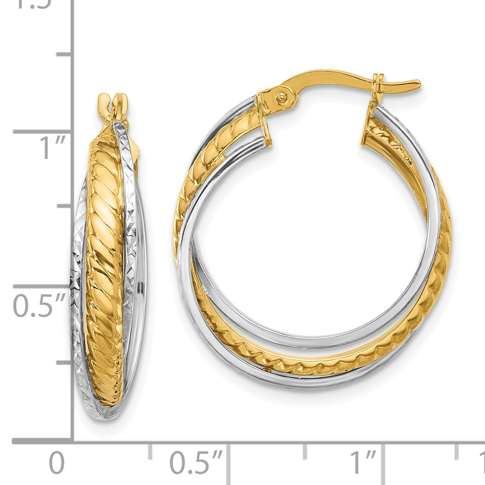 14K Two Tone Polished And Diamond Cut Hoop Earrings