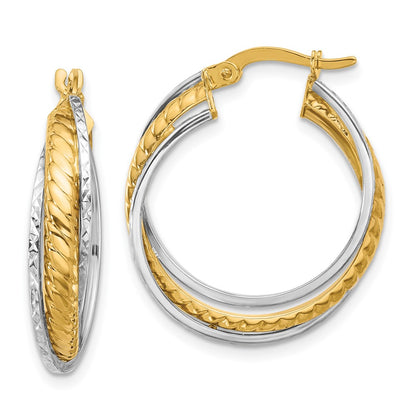 14K Two Tone Polished And Diamond Cut Hoop Earrings