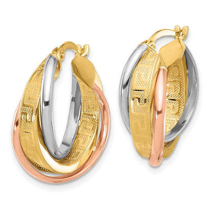 14K Tri Color Polished With Textured Greek Key Hoop Earrings