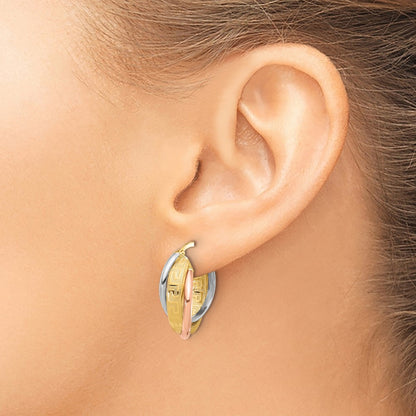 14K Tri Color Polished With Textured Greek Key Hoop Earrings