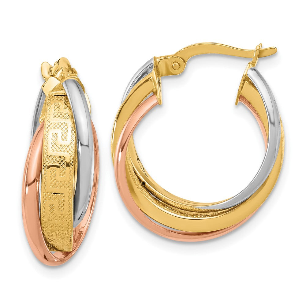 14K Tri Color Polished With Textured Greek Key Hoop Earrings