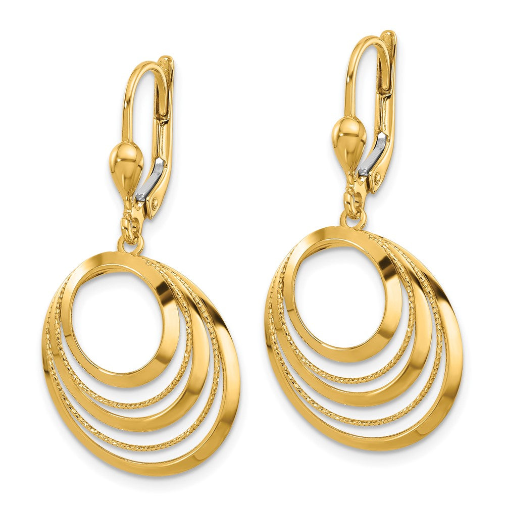 14K Yellow Gold Polished And Diamond Cut Circles Dangle Leverback Earrings