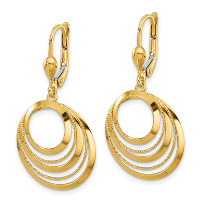 14K Yellow Gold Polished And Diamond Cut Circles Dangle Leverback Earrings