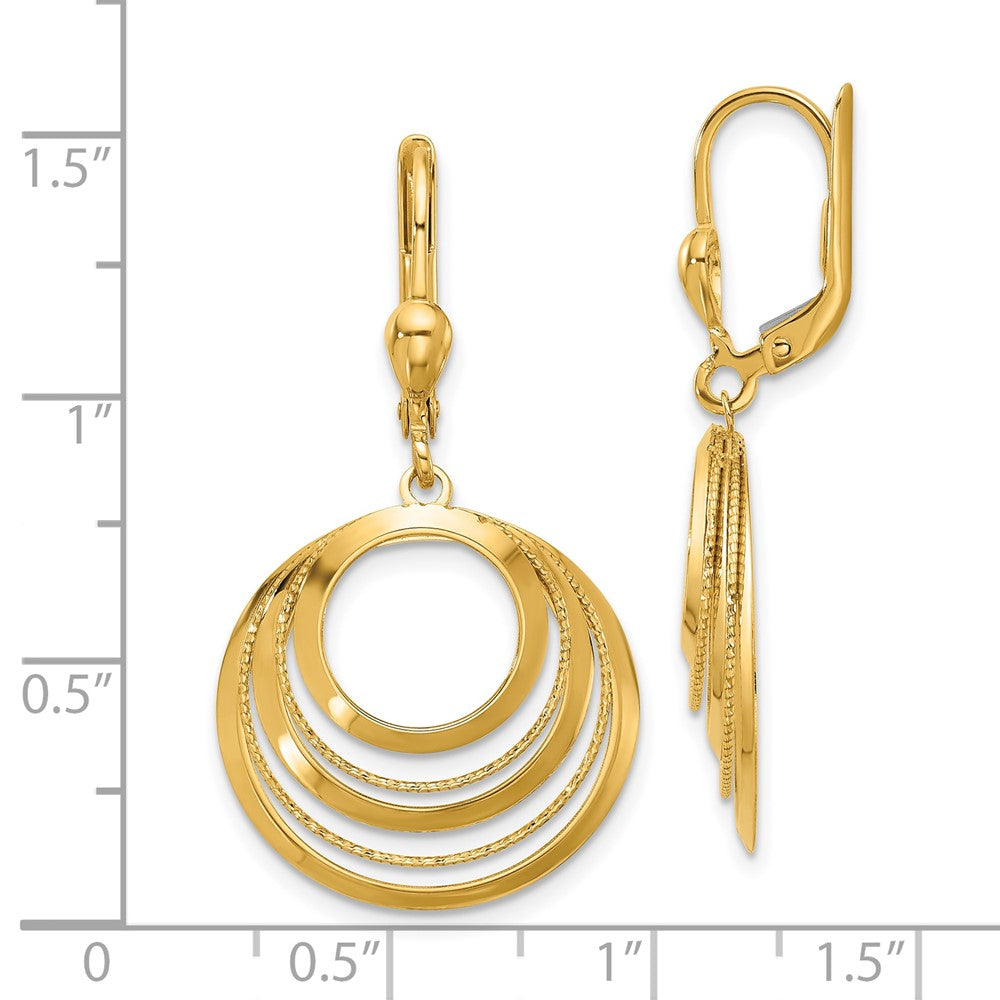 14K Yellow Gold Polished And Diamond Cut Circles Dangle Leverback Earrings