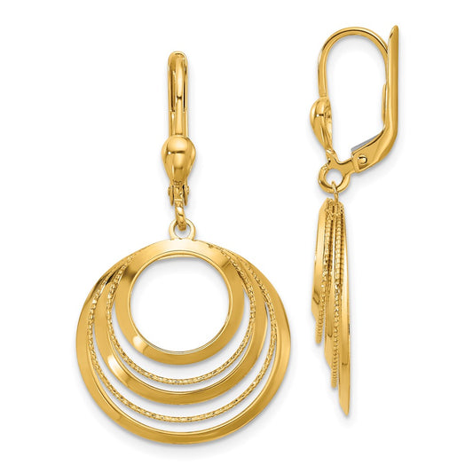 14K Yellow Gold Polished And Diamond Cut Circles Dangle Leverback Earrings