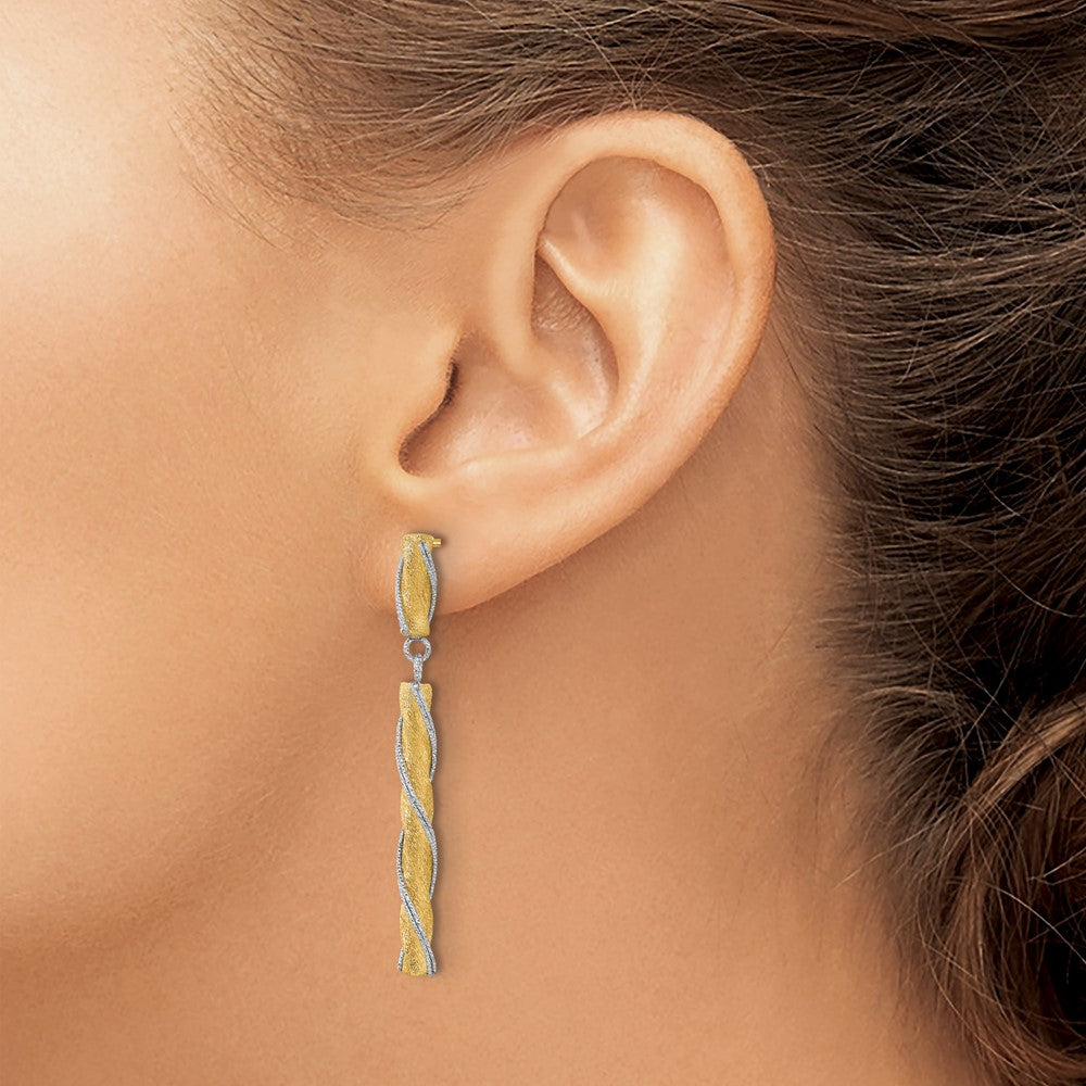 14K Two Tone Polished/Satin/Dia Cut Post Dangle Earrings