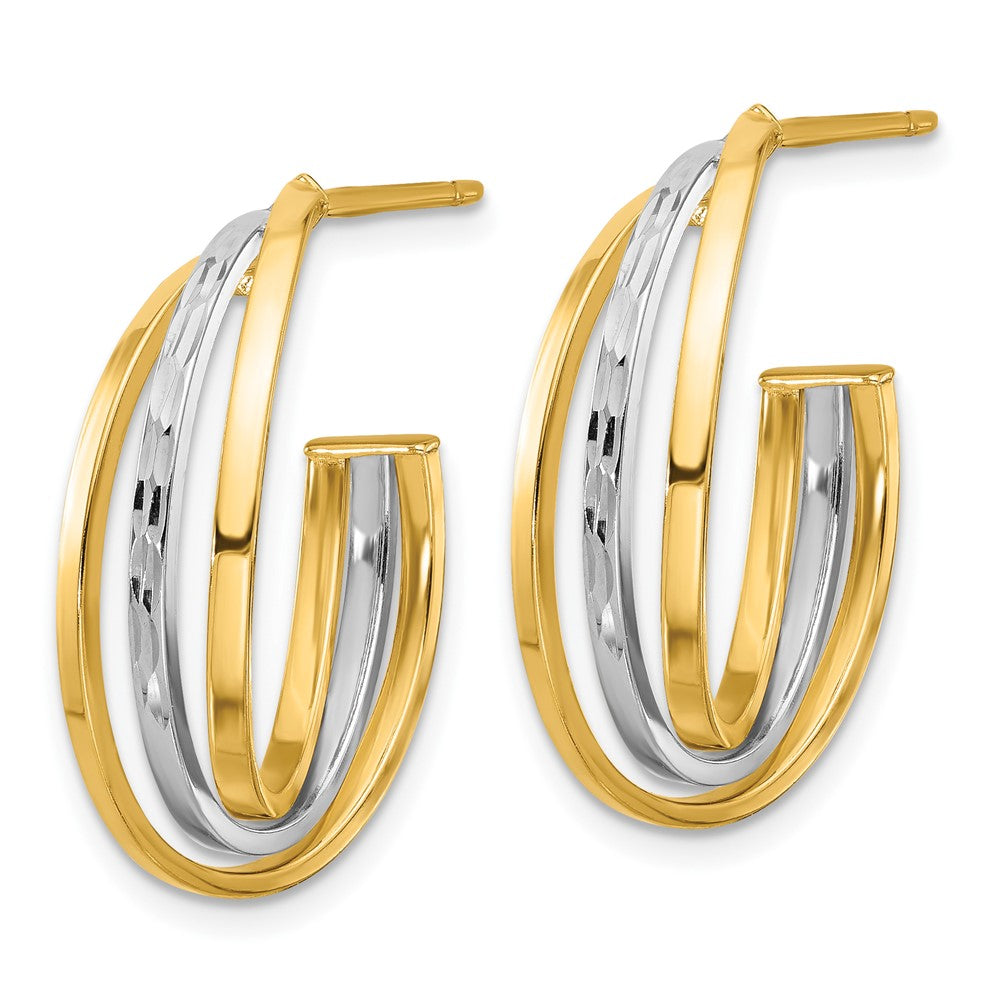 14K Yellow & Rhodium Wht Polished / Diamond Cut J Hoop Post Earrings