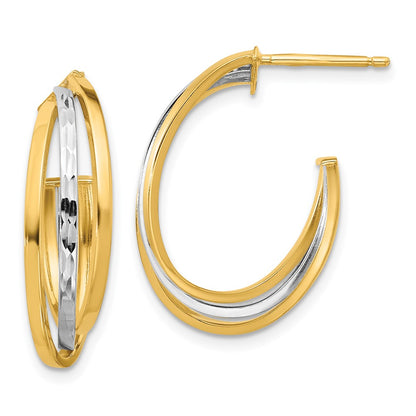 14K Yellow & Rhodium Wht Polished / Diamond Cut J Hoop Post Earrings