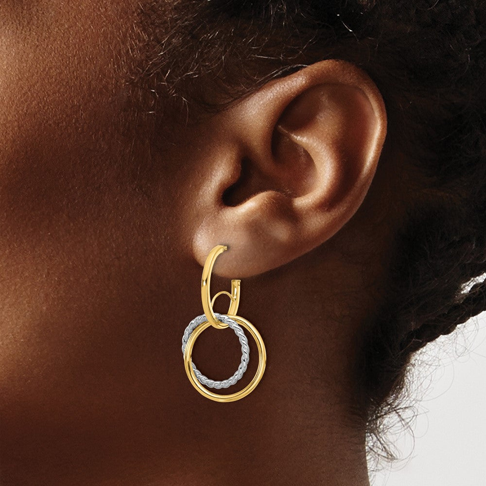 14K Yellow & Rhodium Polished/Twisted Circles J Hoop Post Earrings