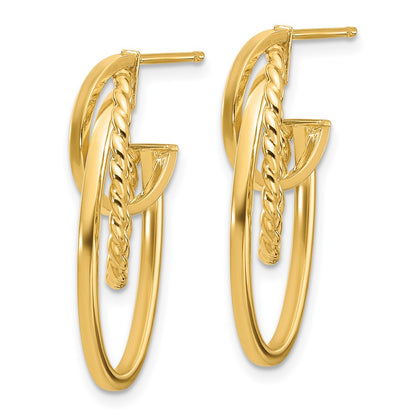 14K Yellow Gold Polished And Twisted Oval J Hoop Post Earrings