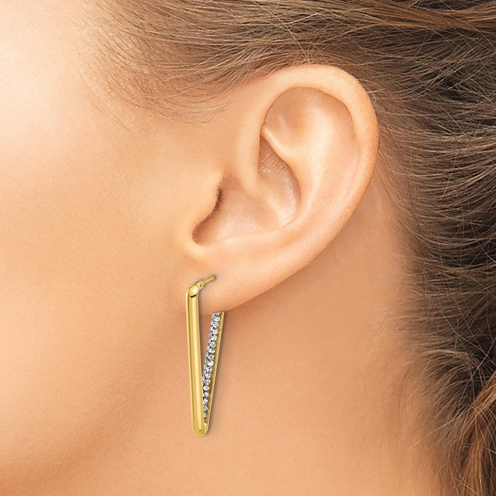 14K Yellow Gold Polished With Crystal Triangle Hoop Earrings