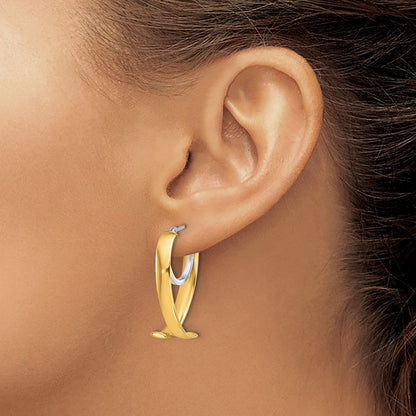 14K Yellow & Rhodium W/ White Polished Fancy Hoop Earrings