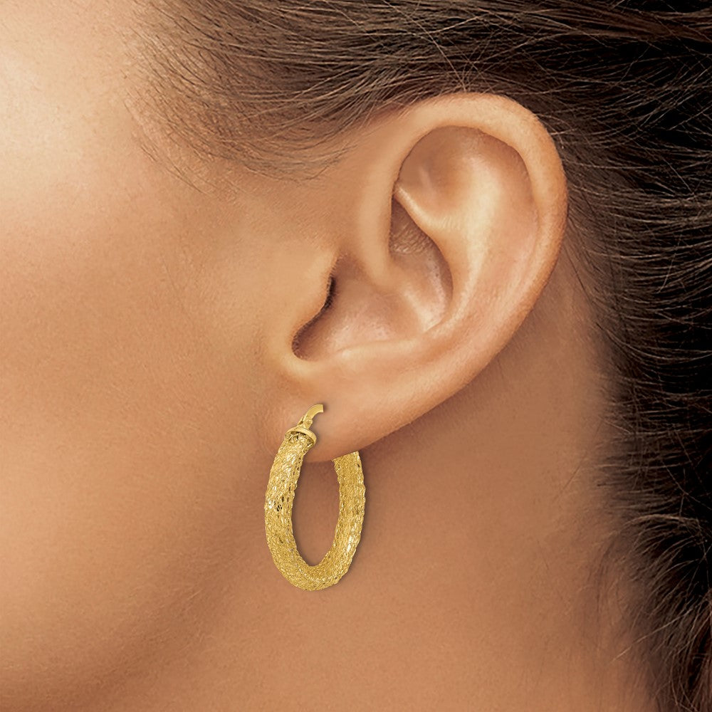 14K Yellow Gold Polished And Textured Hoop Earrings